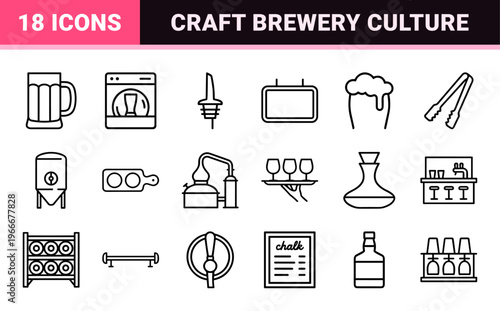 Minimalist Monoline Brewery and Bar Service Geometric Line Art for Commercial Interface Design and Hospitality Branding Applications