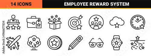 Corporate Recognition and Employee Benefit Minimalist Monoline Icons focusing on Premium Rewards and Workplace Appreciation Aesthetic.