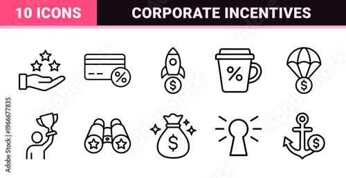 Minimalist Monoline Employee Benefit Icons featuring Geometric Line Art for Financial Incentives, Corporate Rewards, and Compensation.