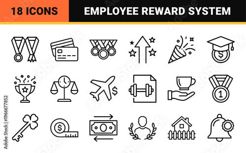 Corporate Employee Benefits and Incentive Rewards Outline Icons. Minimalist monoline geometric line art for business compensation and perks.
