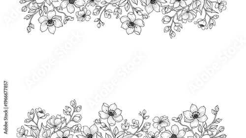 Ornate floral borders at the top and bottom of the frame featuring hand drawn black and white line art of diverse flowers and leaves for classic designs.
