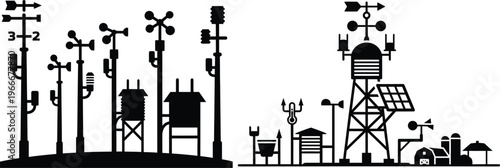 Weather station equipment silhouette - meteorology icons for science and forecasts with wind vane