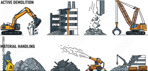 Construction Demolition and Material Handling Illustration Featuring Excavators, Cranes, Building Destruction, Debris Removal, and Industrial Equipment Operations