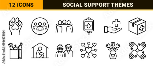 Humanitarian Aid and Community Charity Minimalist Monoline Outline Symbols for Non-Profit Social Awareness and Global Volunteer Support