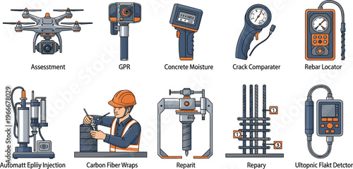 Construction Inspection and Structural Testing Tools Illustration Featuring Drone Assessment, GPR Scanner, Moisture Meter, Crack Gauge, Rebar Locator, and Repair Equipment