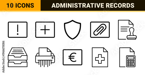 Corporate Administrative Document Management and Legal Archive System Outline Icons featuring Geometric Monoline Aesthetics for Professional Business Utility.