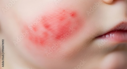 Child's face with red skin rash and irritation on cheek, highlighting sensitive skin and common pediatric issues. Child experiences visible discomfort from skin condition,