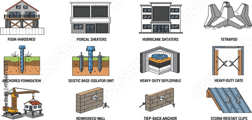 Disaster Resistant Construction Techniques Illustration Featuring Seismic Base Isolators, Anchored Foundations, Reinforced Walls, Storm Clips, and Hurricane Protection Systems