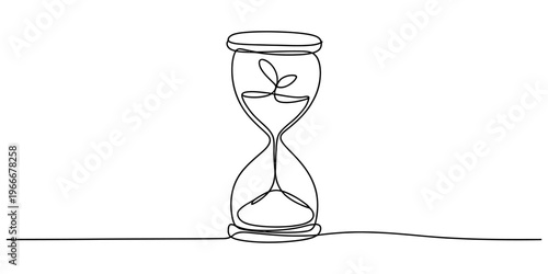 A single continuous line drawing of an hourglass with a small plant sprout growing inside it now Vector, illustration