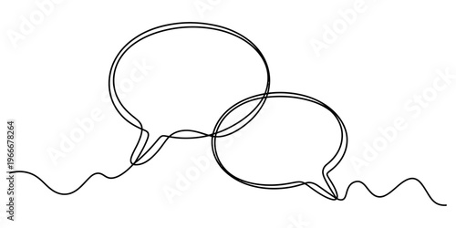 Minimalist continuous line drawing of two connected speech bubbles representing communication Vector, illustration