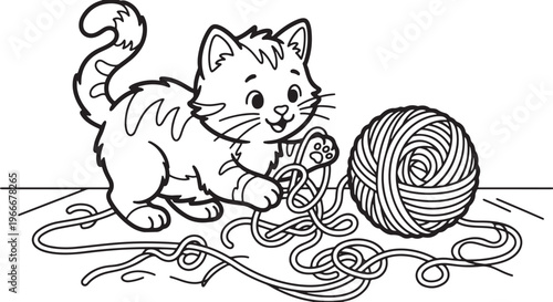 Cute Kitten Playing with Yarn Coloring Page