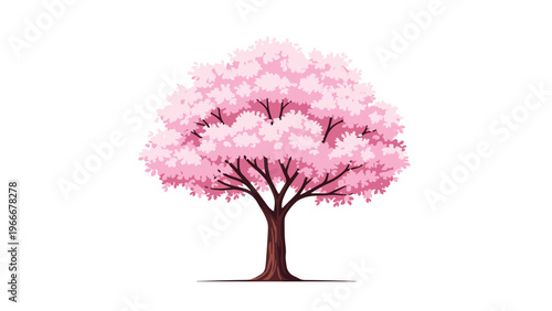 Beautiful pink cherry blossom tree in full bloom on a white background symbolizing spring beauty and the ephemeral nature of life in a flat art style.