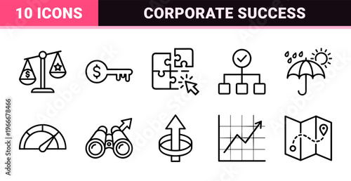 Business Growth and Financial Performance Monoline Outline Icons featuring Strategic Marketing and Corporate Success Geometric Line Art