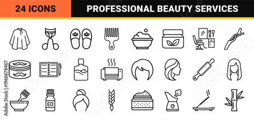 Professional Barbershop and Beauty Salon Line Art, Minimalist Grooming and Wellness Symbols with Uniform Geometric Stroke Weight