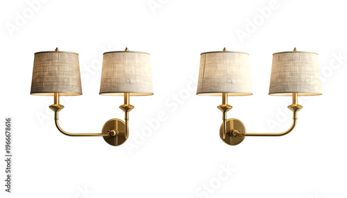 Four sconce lamps with tan shades on curved brass arms, arranged in two pairs