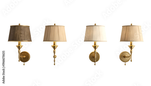 Four elegant wall sconces with varying shade colors and ornate, brass-toned bases