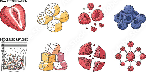 Food Preservation Process Illustration Featuring Raw Fruits, Freeze Drying, Dehydration, Packed Products and Molecular Structure of Nutrients Vector Set