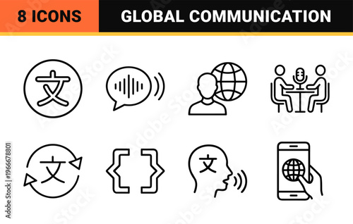 Global Language and Translation Services Minimalist Monoline Icon Set featuring Geometric Line Art for Linguistics and Polyglot Apps.
