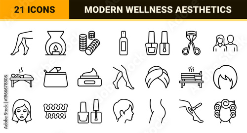 Minimalist Monoline Beauty and Cosmetics Icon Set featuring Geometric Line Art Symbols for Wellness, Skincare, and Professional Spa Branding.