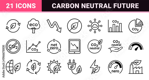 Net Zero Emissions and Carbon Neutrality Minimalist Monoline Icon Set featuring Renewable Energy and Climate Action Geometric Symbols.