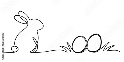 illustration: hand drawn single line art of an easter bunny with easter eggs in grass isolated on white or transparent png