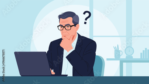Senior businessman in a suit and glasses looking thoughtfully at his laptop with a question mark indicating a strategic challenge or inquiry at work.