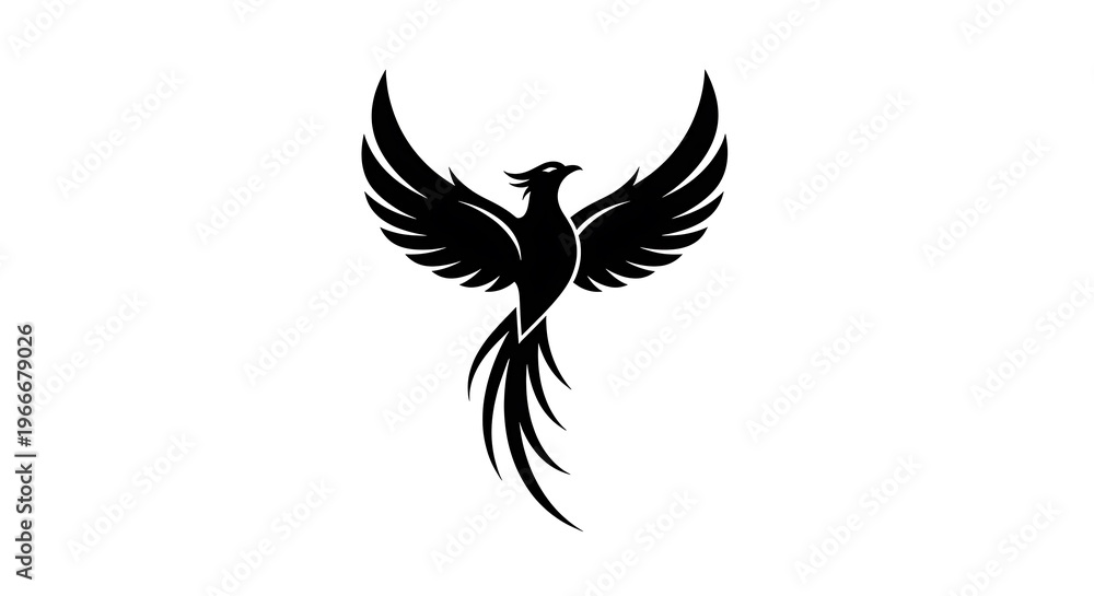 Fototapeta premium Striking black phoenix silhouette logo, a powerful symbol of rebirth and enduring strength. Graphic emblem represents resilience, transformation, and triumphant ascension
