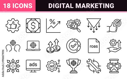 Digital Marketing Targeting and Audience Analytics Minimalist Monoline Geometric Line Art Symbols for Performance Tracking and SEO