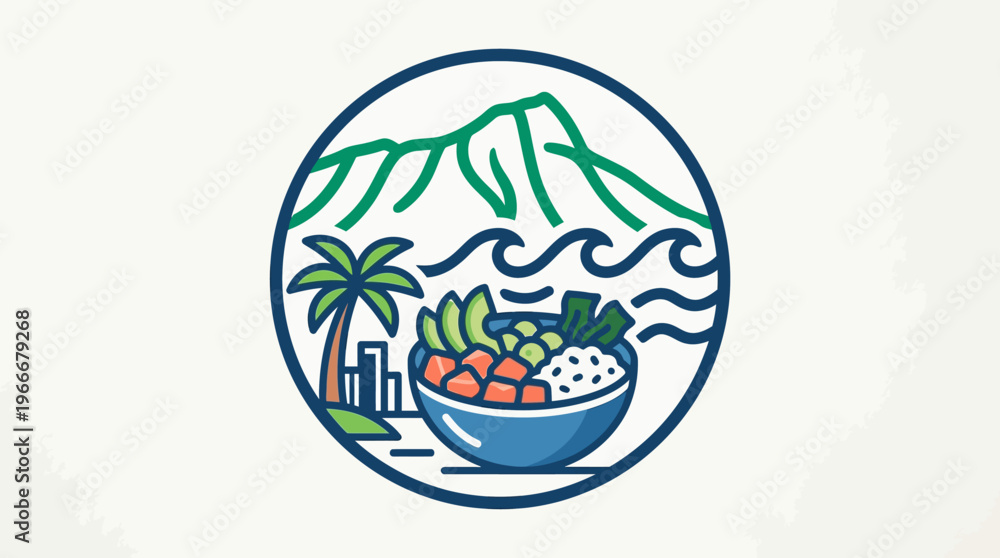 Naklejka premium Hawaiian Poke Bowl Logo Design with Scenic Background