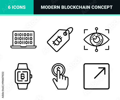 Blockchain Technology and Digital Currency Minimalist Monoline Icon Set featuring Geometric Line Art for Financial Fintech Applications