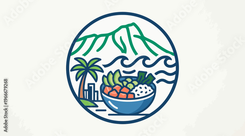 Hawaiian Poke Bowl Logo Design with Scenic Background