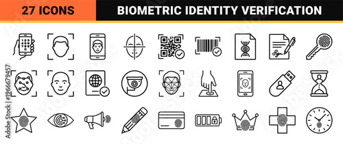Biometric Identification and Digital Security Minimalist Monoline Icon Set for Facial Recognition, Fingerprint Scanning, and Data Privacy.