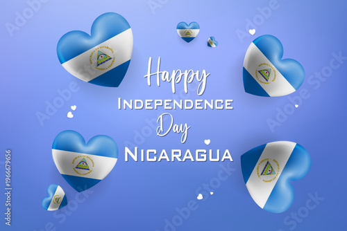 Nicaragua Independence Day celebration graphic with hearts and volcanic mountain emblem on blue and white festive background