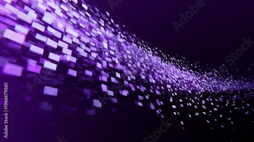 Flowing wave of purple digital particles on dark background.
