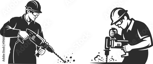 Two construction workers drilling with jackhammers on a white background