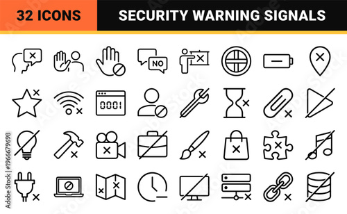 Minimalist Black Line Restriction Symbols for UI Design Featuring Blocked User Denied Access and Security Warning Outline Graphics