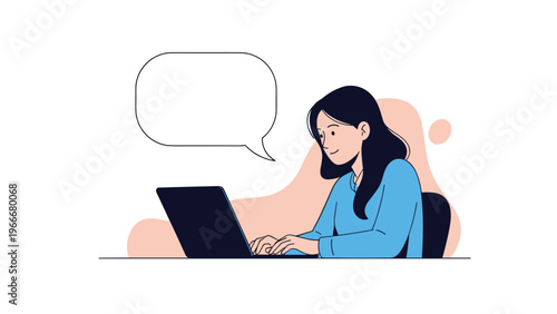 Young woman sitting and typing on laptop computer with empty white speech bubble above for custom text message.