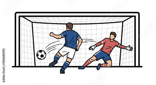 Soccer player kicking ball at goal while goalkeeper tries to block