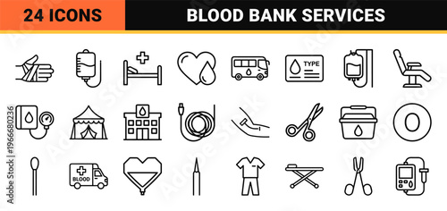 Hematology and Blood Donation Services Line Art Icon Set featuring Minimalist Monoline Medical Symbols for Transfusion and Healthcare.