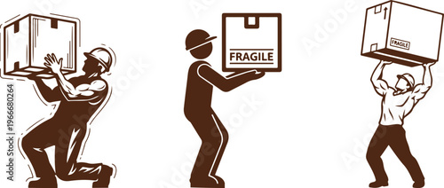 Brown silhouettes of workers carrying boxes in different postures