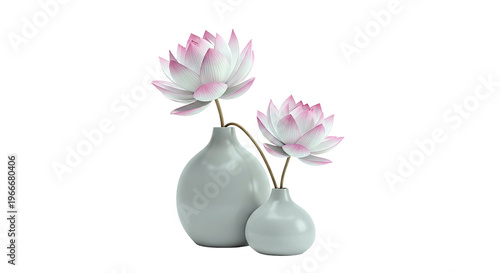 Two Pink Lotus Flowers in Grey Vases