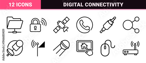 Global Technology and Network Infrastructure Monoline Icons Featuring Satellite Connectivity Cloud Computing and Wireless Communication Systems