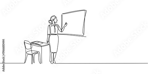 Continuous one line drawing of female teacher teaching students in classroom, single line art