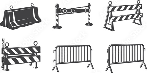 Collection of various barrier types for construction and road safety purposes
