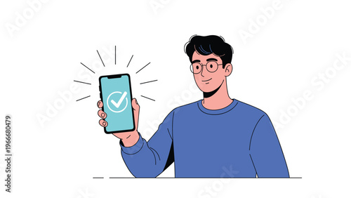 Young man with glasses holding up smartphone with blue screen and white checkmark symbol for success.