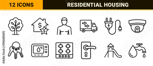 Real Estate and Property Management Minimalist Monoline Outline Icons featuring Geometric Residential and Commercial Building Line Art