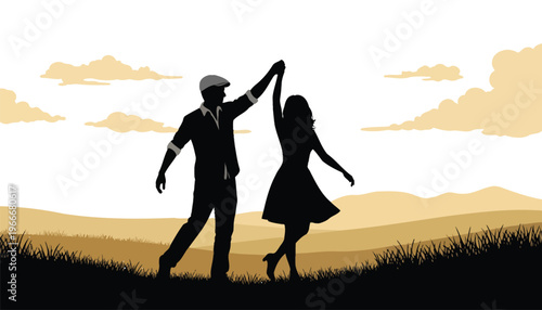 Silhouette of a man and woman dancing outdoors in a romantic setting at sunset together