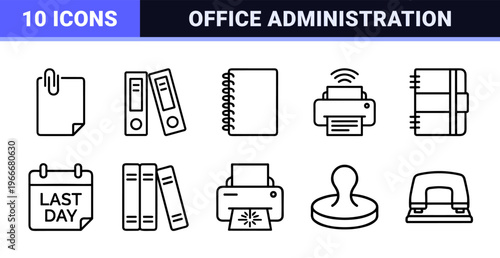 Minimalist Document and Office Administration Monoline Outline Icons featuring Geometric Paper, Calendar, and Stationery Symbols.