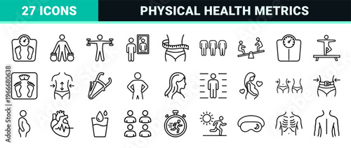 Minimalist Body Weight and Metabolic Health Geometric Line Art Set for Professional Fitness Monitoring and Commercial Medical Interface Design