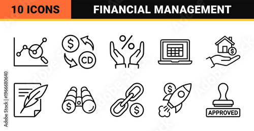 Accounting and Financial Management Minimalist Monoline Icon Set featuring Bookkeeping, Taxation, and Banking Geometric Line Art Symbols